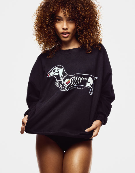 HALLOWEENIE SWEATSHIRT BLACK | HALLOWEEN SKELETON DACHSHUND LONG