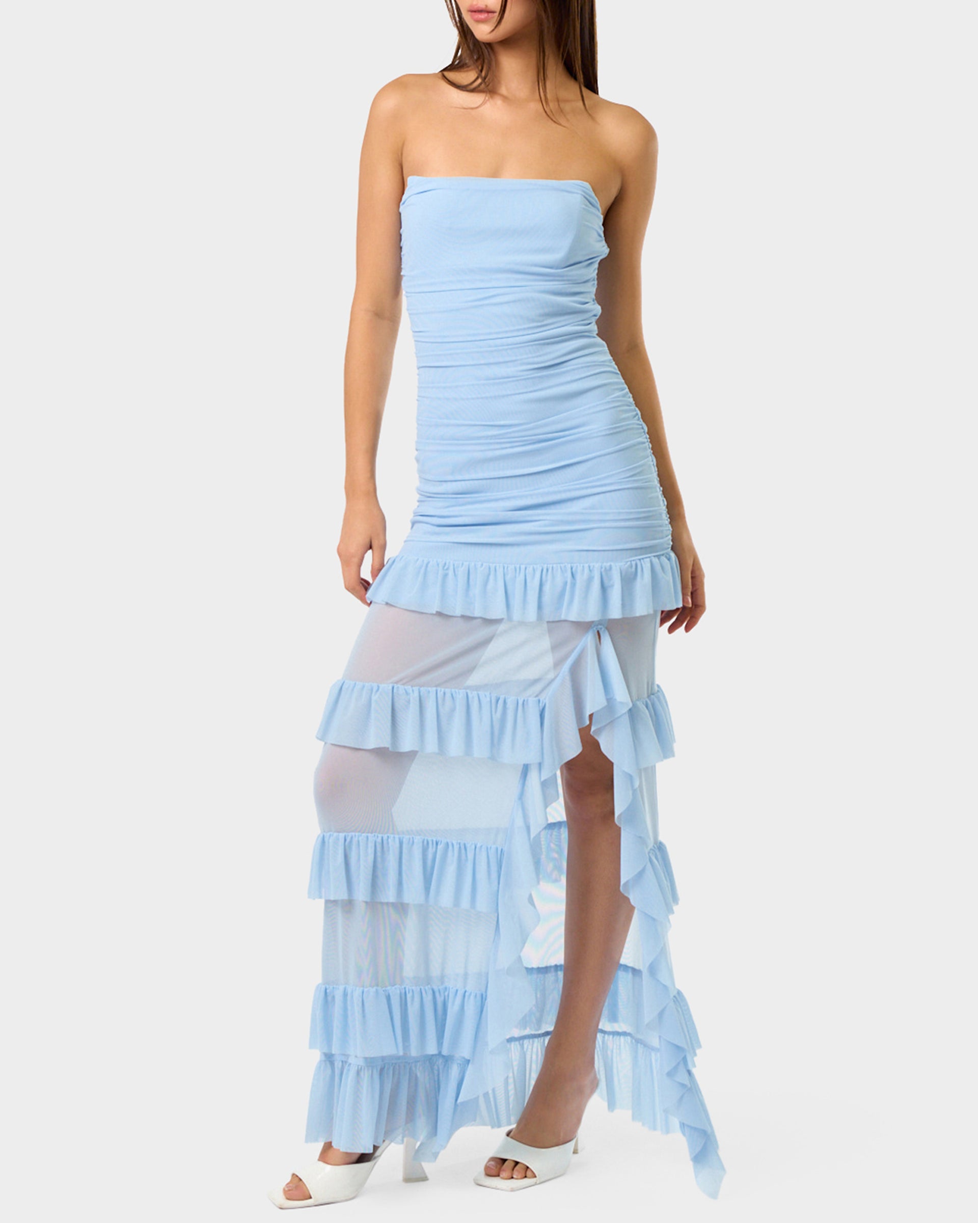BLUE MIRAGE GOWN LIGHT BLUE Women's Light Blue Strapless Maxi Dress with  Sheer Leg and Ruffles – Betsey Johnson